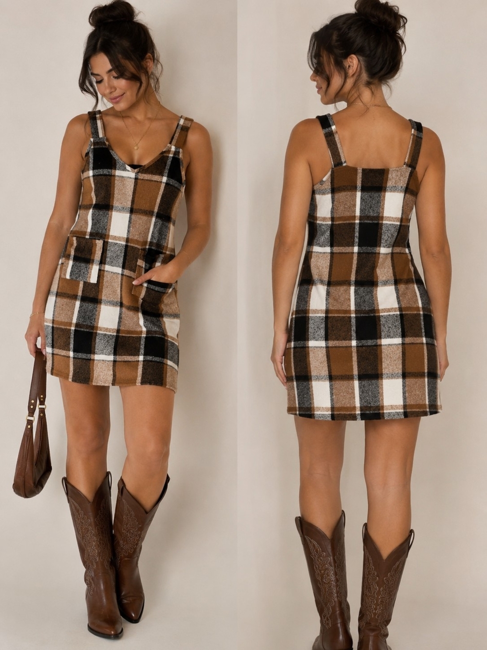 SHEIN Brown Black Cream Plaid Mini Tank Dress